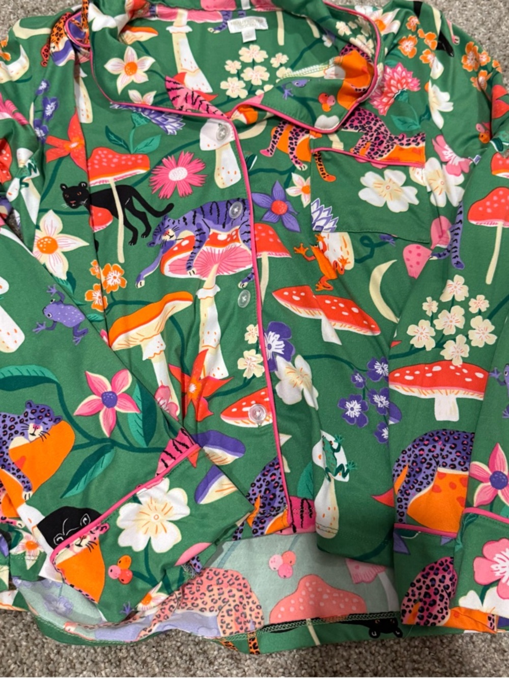 Beauty Sleep Social Green Floral & Mushroom Printed Pajama Top and shorts
